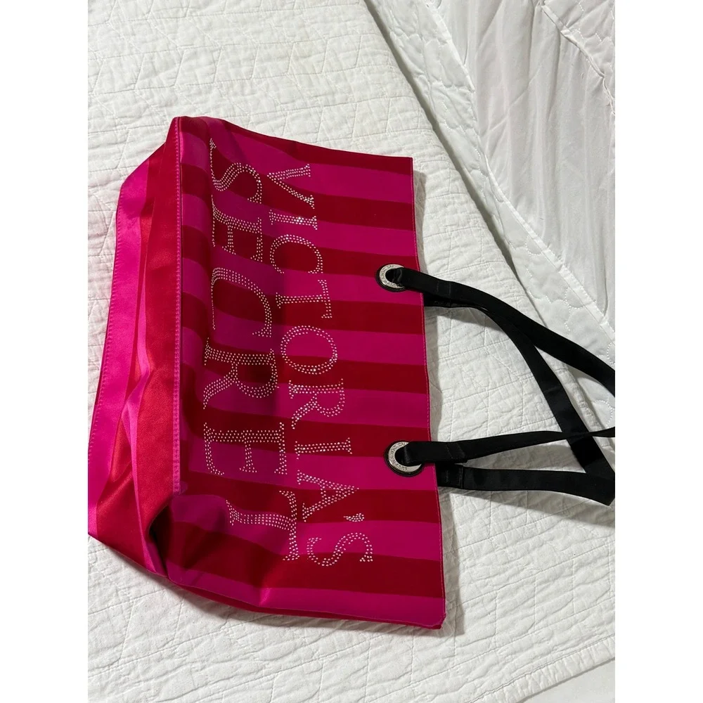 Victoria's Secret Pink Red Stripe Tote Bag Rhinestone Logo‎